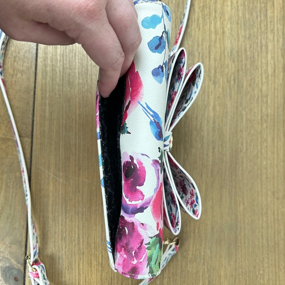 Betsey Johnson Floral Print Crossbody Bag Clutch with Bow Gold Chain - Picture 9 of 15